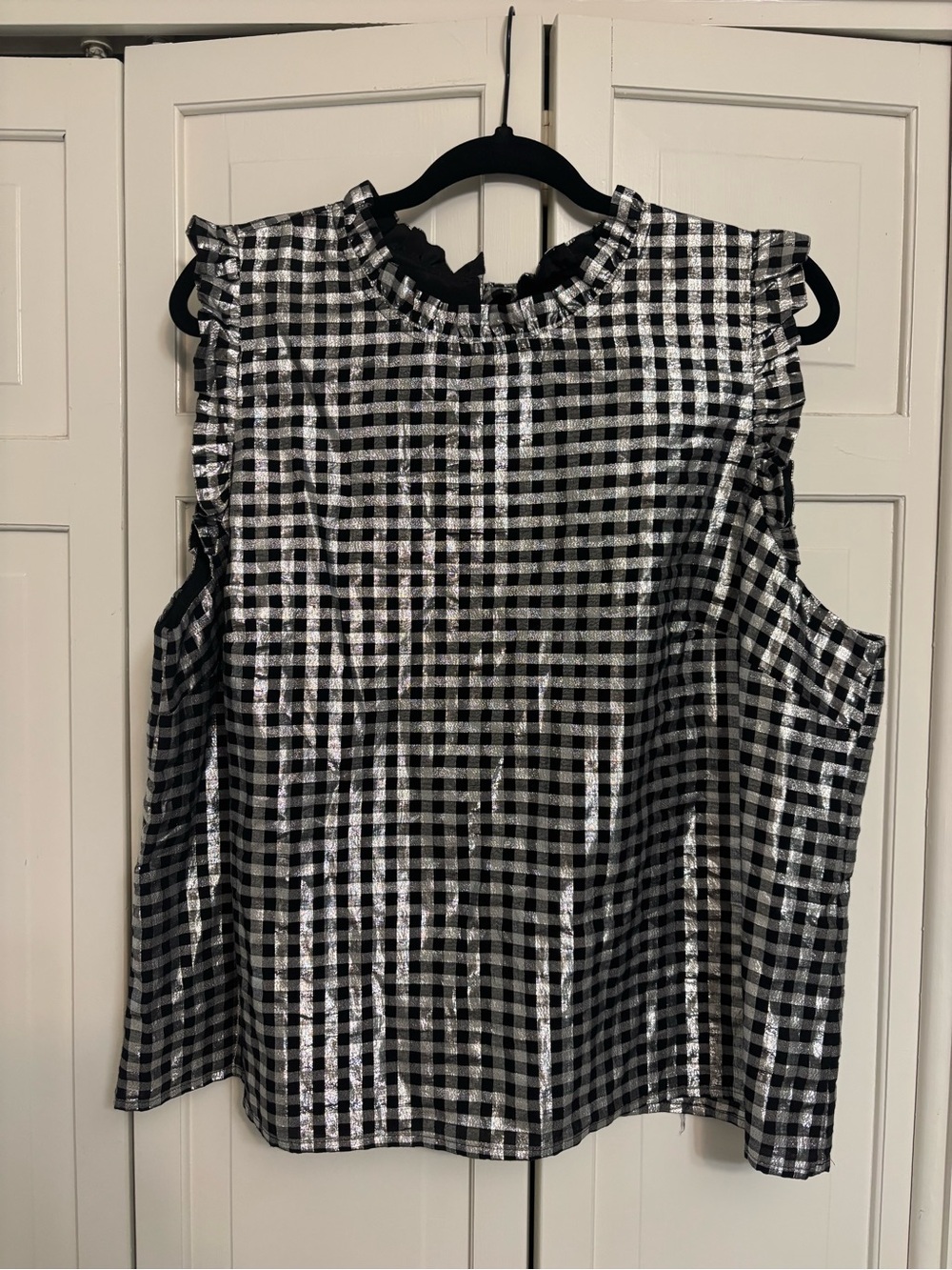 J.Crew XXL Metallic Silver Black Gingham Ruffle Sleeveless Blouse
